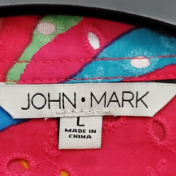 John Mark Eyelet Embroidered Watercolor Roll-Tab Sleeve Button Front Top Large - Picture 9 of 14